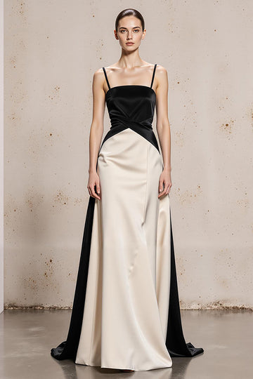 Black and White Spaghetti Straps Satin Evening Dress